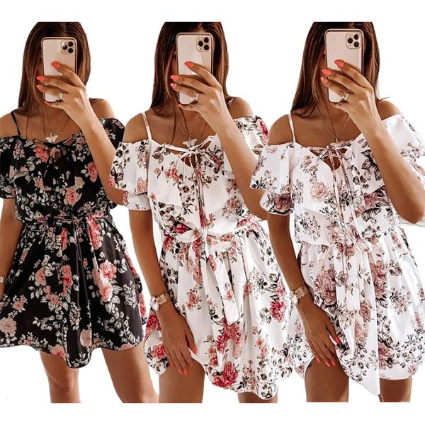 

2021 awstring print off shoulder waist s with ruffl, Black;gray