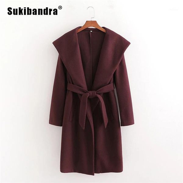

women's wool & blends sukibandra autumn winter long sleeve wine red elegant coats and jackets women 2021 office lace up hooded coat ove, Black