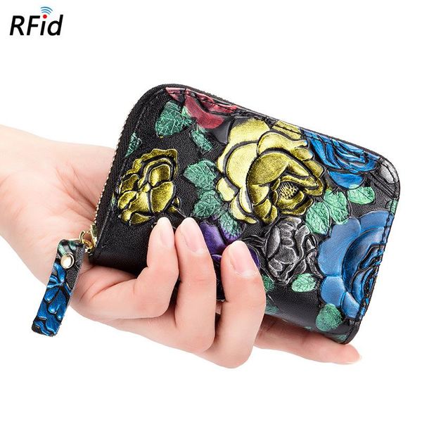 

card holders female holder wallets colorful rose embossed id cards wallet genuine leather zipper change purse, Brown;gray