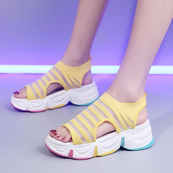 

women's mesh breathable sandals shape ups lace-up running open toe sneakers shoes women outdoor walking striped wedge, Black