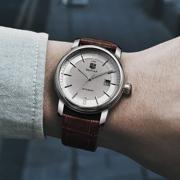 

wristwatches brand 42mm benyar mechanical clendar white dial automatic watch men business style clock waterproof a495, Slivery;brown
