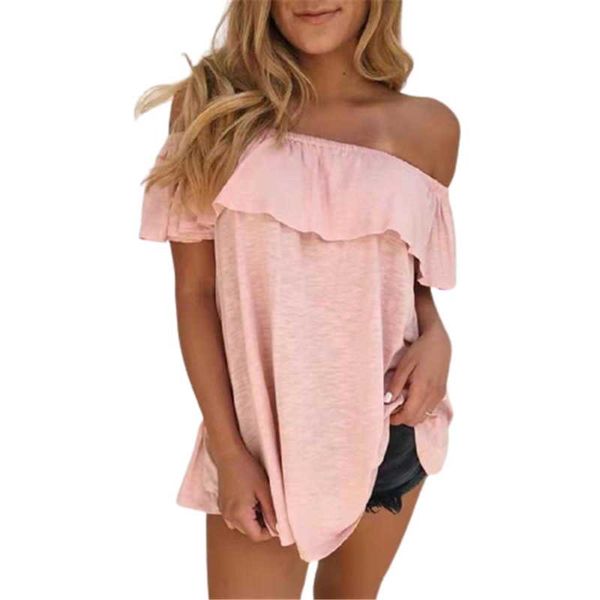

women's t-shirt 5xl plus size women solid slash neck 2021 summer casual loose ruffle short sleeve off shoulder black female tee, White