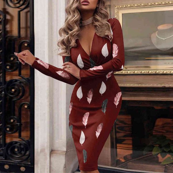 

women bodycon dresses 2022 elegant office lady slim dress fashion print spring autumn vestidos deep v neck party dresses y1204, Black;gray