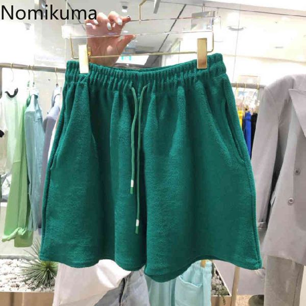 

nomikuma woman shorts lace up stretch waist causal bottoms summer new wide leg short feminimos pantalones de mujer 6h123 210427, White;black