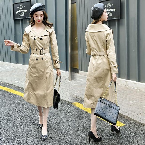 

women's trench coats windbreaker middle long 2021 spring and autumn fashion korean version same double breasted off shoulder, Tan;black