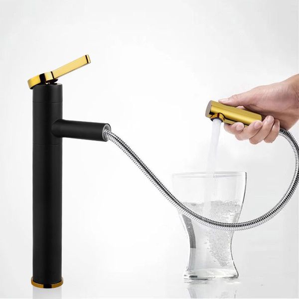 

bathroom basin faucet pull out spray nozzle & cold solid brass 360 degree rotating sink mixer tap single handle black gold faucets