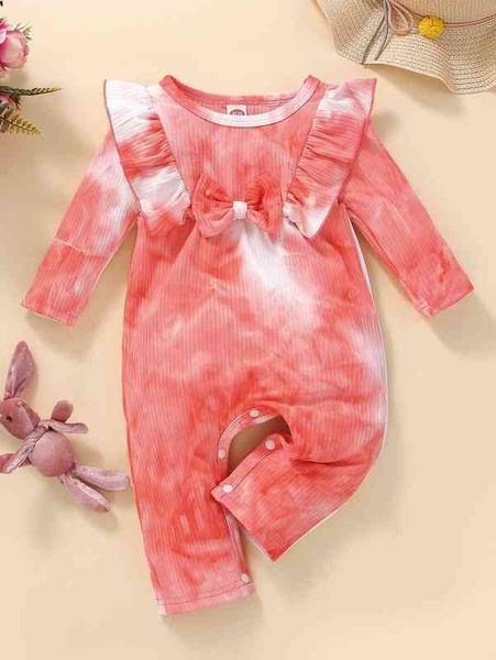 

baby tie dye rib knit ruffle trim bow front jumpsuit she, Blue