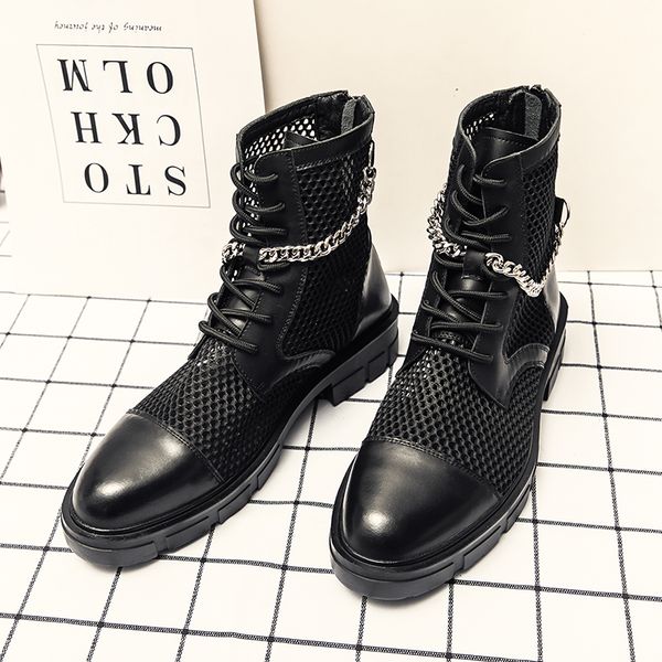 

high men boots casual work tooling boots metal chain mesh summer boots street fashion british shoe punk cool, Black