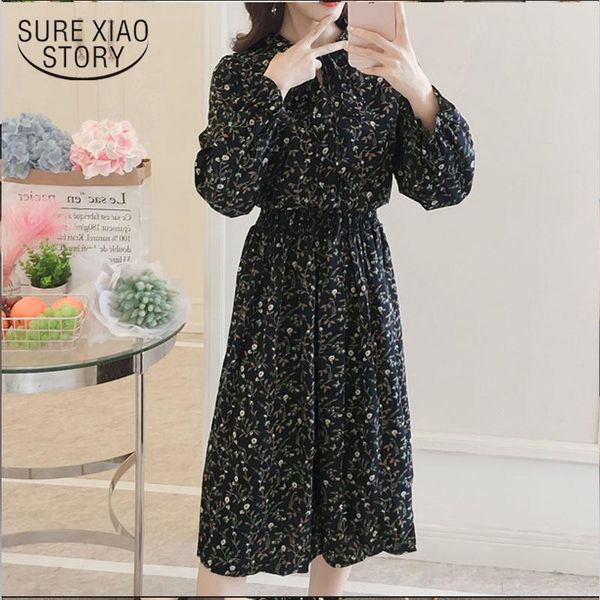 

casual dresses dress women 2021 black long elegant floral a-line office lady chiffon bow petal sleeve 2601 50, Black;gray