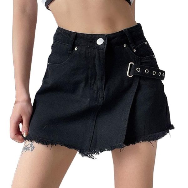 

skirts women high waist asymmetric denim shorts metal buckle frayed hem wrap skirt 67jf, Black
