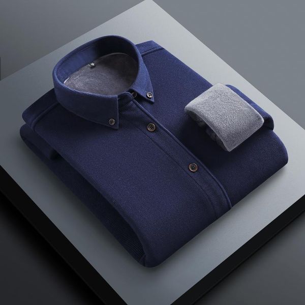 

men's casual shirts 2021 fashion long-sleeved pure color plus velvet thick s-4xl autumn and winter warm, White;black
