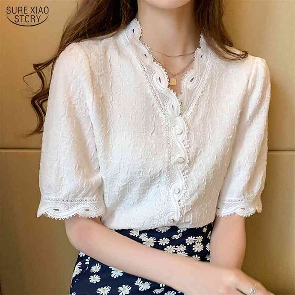 Vintage Spruff Manga Branca V-Collar Chiffon Blouse Lace com botão Top Senhora Curto Cardigan Cardigan Camisas Blusa 10051 210506