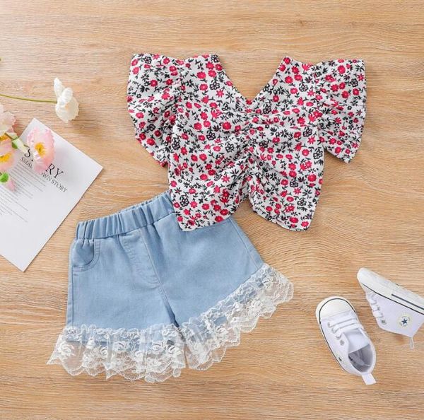 2 peças miúdos terno conjunto flor impressão em v-pescoço de manga curta tops + laço guarnição denim shorts bebê meninas roupas