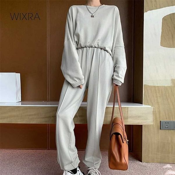 

wixra spring autumn womens casual sets o neck pullover sweatshirts +elastic waist sweatpants solid loose basic suits 211027, White