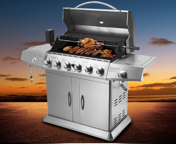 Alta Qualidade Ao Ar Livre Churrasco Churrasco Six Burners Sider Queimador Com Skewer Motor Cover