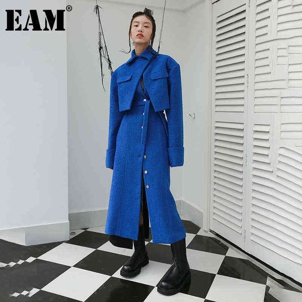 

[eam] loose fit big size irregular hollow out woolen coat parkas long sleeve women fashion autumn winter 1dd2176 211118, Black