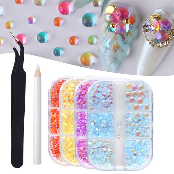 Dimensione miscelata Nail Art Decorazione 3D Nails Rhinestones Candy Colors Mermaid Glass rotondo FAI DA TE Flatback Acrilico Perle di cristallo acrilico