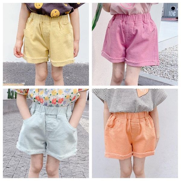 

summer kids casual candy color frayed shorts girls washed cotton soft loose, Black