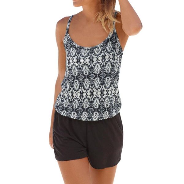 

women's jumpsuits & rompers playsuit women sleeveless strap printed beach o-neck jumpsuit ladies romper top, Black;white
