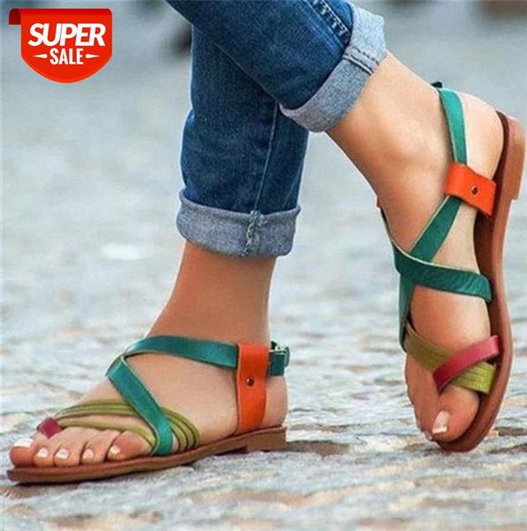 

women's sandals flats buckle female chunky cross gladiator sandals woman summer color matching ladies shoes footwear plus size #vc7p, Black