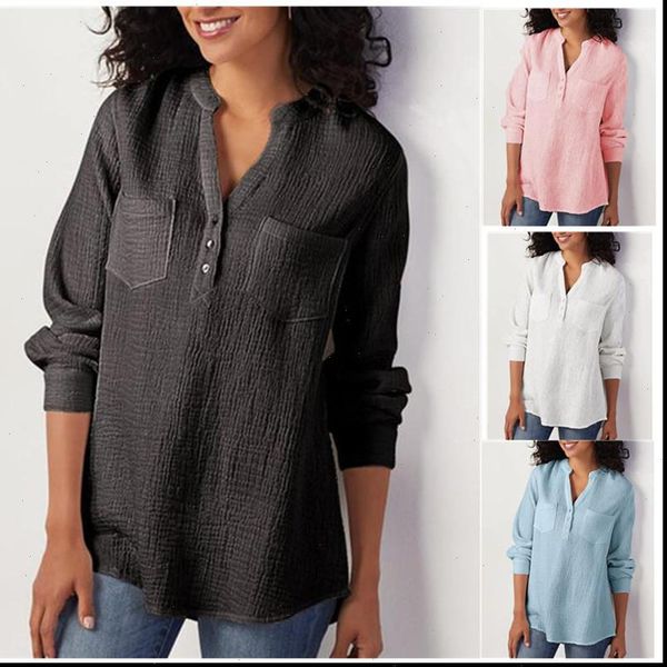 

womens blouses women blouse sprin autumn solid v neck pocket shirt cotton linen loose large size female fashion casual, White
