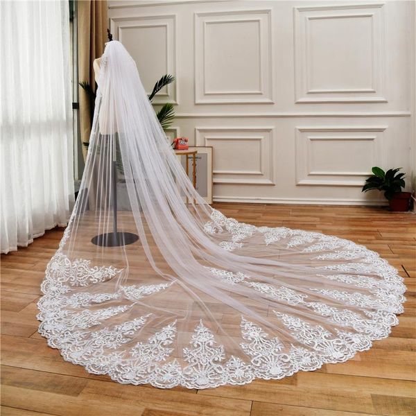 

bridal veils long with comb one layer wedding white ivory cathedral length full lace edge applique veil voile 3meters, Black