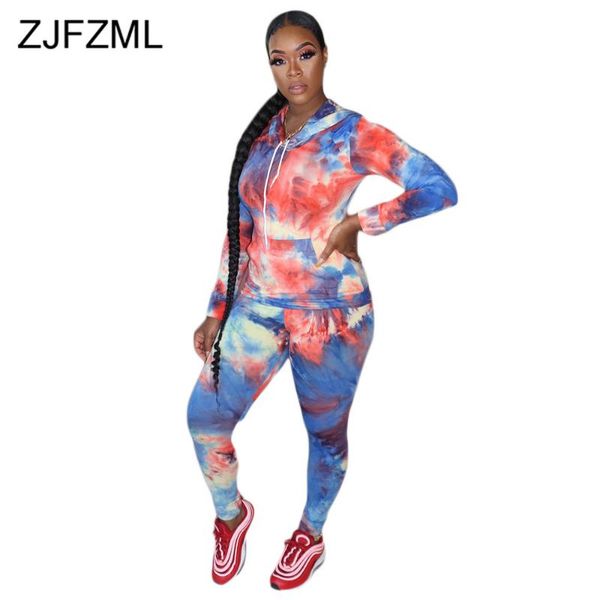 

women's tracksuits sporty workout tie dye tracksuit women long sleeve hooded pockets sweatshirt and bandage jogger pant autumn winter, Gray