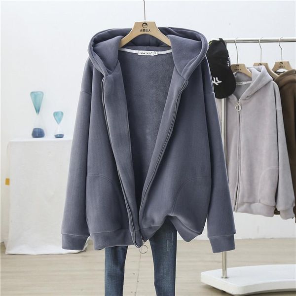 

women's hoodies & sweatshirts lambwool zip-up sweatshirt plus velvet thickening hooded gray women autumn winter warm jacket harajuku g, Black