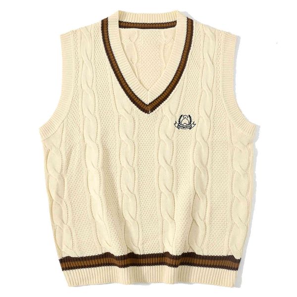 

men's sweaters lacible harajuku bear embroidered sleeveless vest loose streetwear retro knitted sweater pullover england style out, White;black