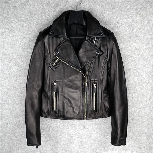 

women's leather & faux genuine natural sheep coat 100% sheepskin female zipper stitching soft jackets wy322, Black