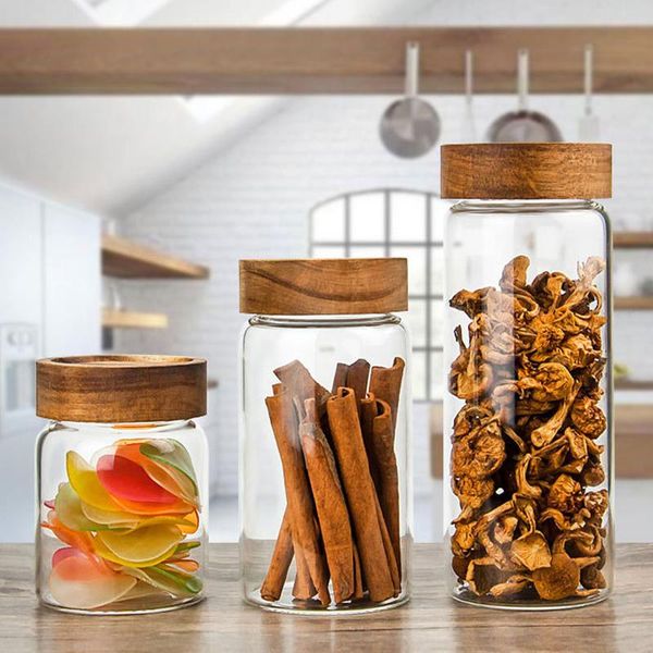

storage bottles & jars 300/550/750ml high borosilicate glass with wooden cover household food candy biscuit snack jar set
