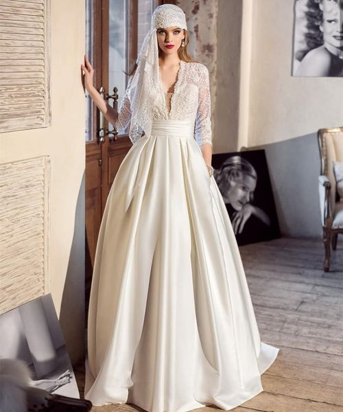 2021 Abiti da sposa eleganti avorio avorio arabo con tasche 3/4 manica lunga semplice pizzo abiti da sposa in raso lunghezza del pavimento abiti da sposa