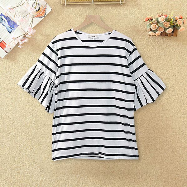 

white black stripe o neck casual cotton tee shirts for women chic fashion s xxl plus size trend spring summer tshirts 210527