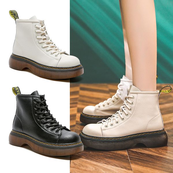 

2021 thick soled martin women's spring and autumn british fashion white short soft leather versatile boots, Black