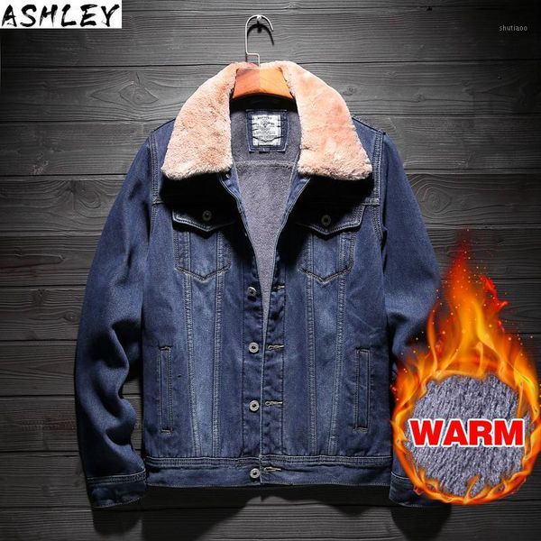 

men's jackets winter 2021 warm denim jacket fashion classic style thicken fleece fur collar jeans and coats male brand, Black;brown