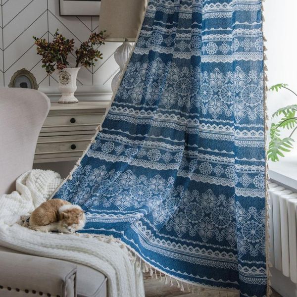 

cotton linen tassel curtain lace print flower geometric simple modern bay window cover blackout japanese style home living room & drapes