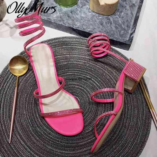 

ollymurs shiny rhinestone straps sandal heels for women's crystal square heel sandals summer style slip-on brand shoes, Black