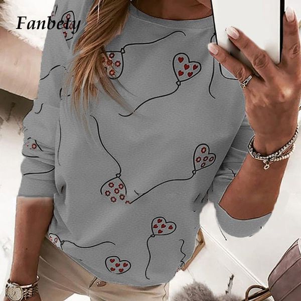 

spring fashion heart printed women shirts elegant o-neck long sleeve pullovers office ladies casual loose blouses women's &, White