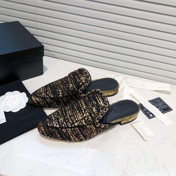 

women mules slippers chain decor flat shoes genuine leather square heels 2021 summer, Black