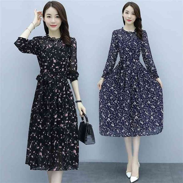

korean floral chiffon long sleeve beach midi dresses autumn vintage 5xl plus size dress femal elegant bodycon vestidos 210528, Black;gray
