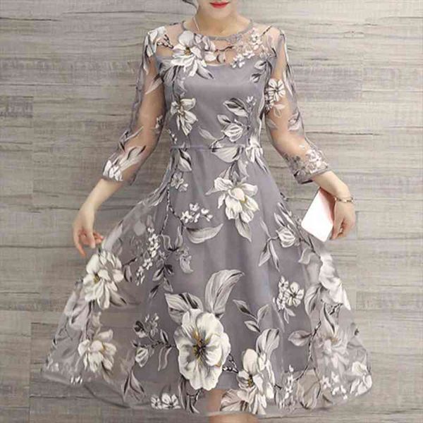 

o neck 3 4 mesh womens dress sleeve floral print large swing double layer midi plus size summer fashion robe, Black;gray