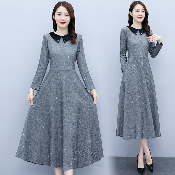 

casual dresses coigarsam women dress autumn 2021 office lady knitting long sleeve patchwork solid o-neck design and color traf robe, Black;gray