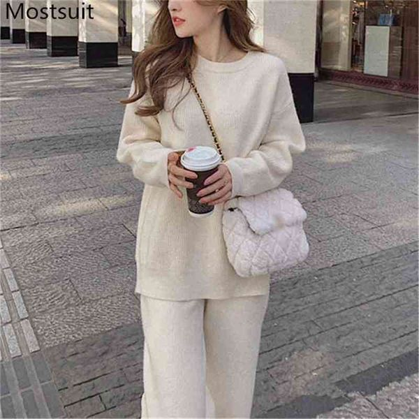 

solid fashion knitted two piece pants set women spring o-neck sweater + wide leg korean basic female matching 210513, White