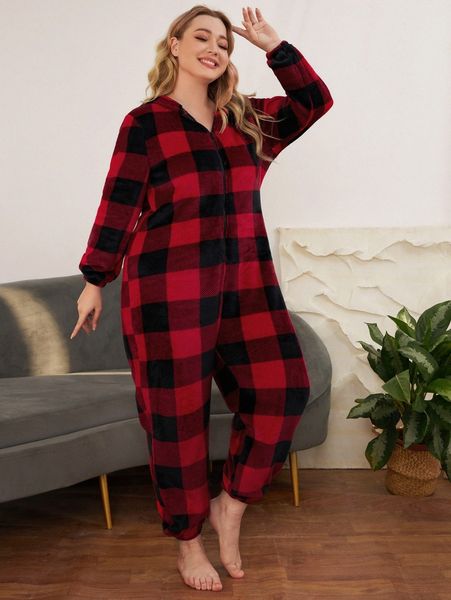 

plus gingham hooded sleep jumpsuit 21dc#, Black;white