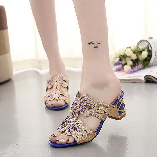 

spring and summer rhinestone sandals women fashion slippers thick heels shoes crystal plus size 3104, Black