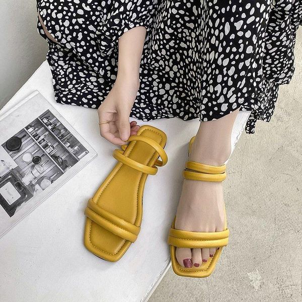 

sandals fashion female fairy style 2021 summer simple and fashionable word thin strap roman flat slippers, Black