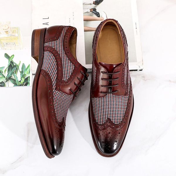 

summer flat men genuine cowhide wingtip leather carved pointed toe lace up dress brogues wedding business platform shoes size 46, Black