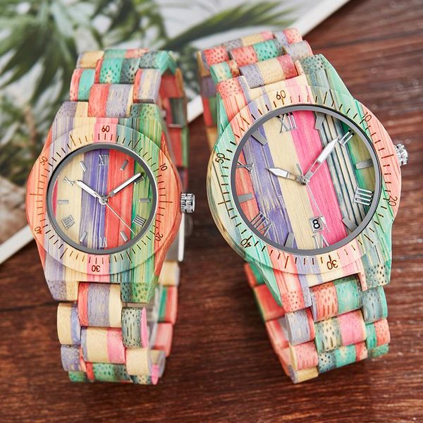 

fashion wood watch colorful rainbow wooden band couple quartz watches minimalist bracelet clock for men ladies wristwatches, Slivery;brown