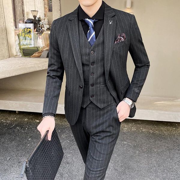 

men's suits & blazers ( blazer + vest pants ) british men suit 3 piece slim party high-end custom business formal dress jacket coat tro, White;black