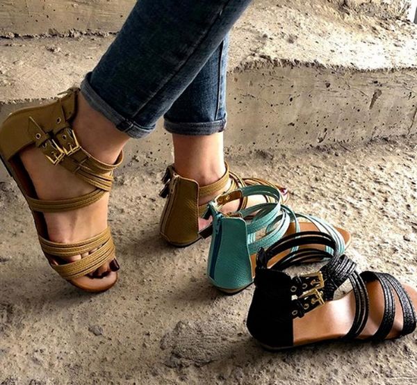 

summer low heels flat pu leather shoes woman women sandals vintage plus size gladiator sandalias mujer sapato feminino sa0588, Black